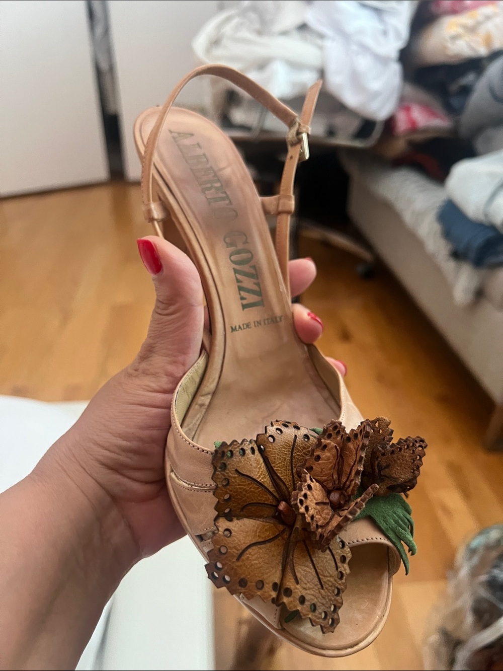 Tan Leather Floral Slingback Heels